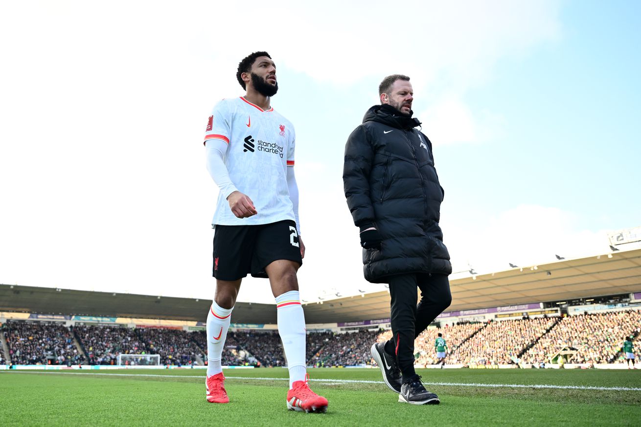 Joe Gomez of Liverpool looks dejected as he leaves the pitch with a injury during the Emirates FA Cup Fourth Round match between Plymouth Argyle and Liverpool at Home Park on February 09, 2025 in Plymouth, England. 
