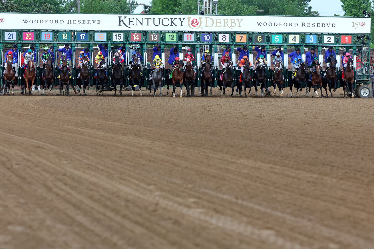 The field breaks from the gate at the start of the 150th running of the Kentucky Derby at Churchill Downs on May 04, 2024 in Louisville, Kentucky.