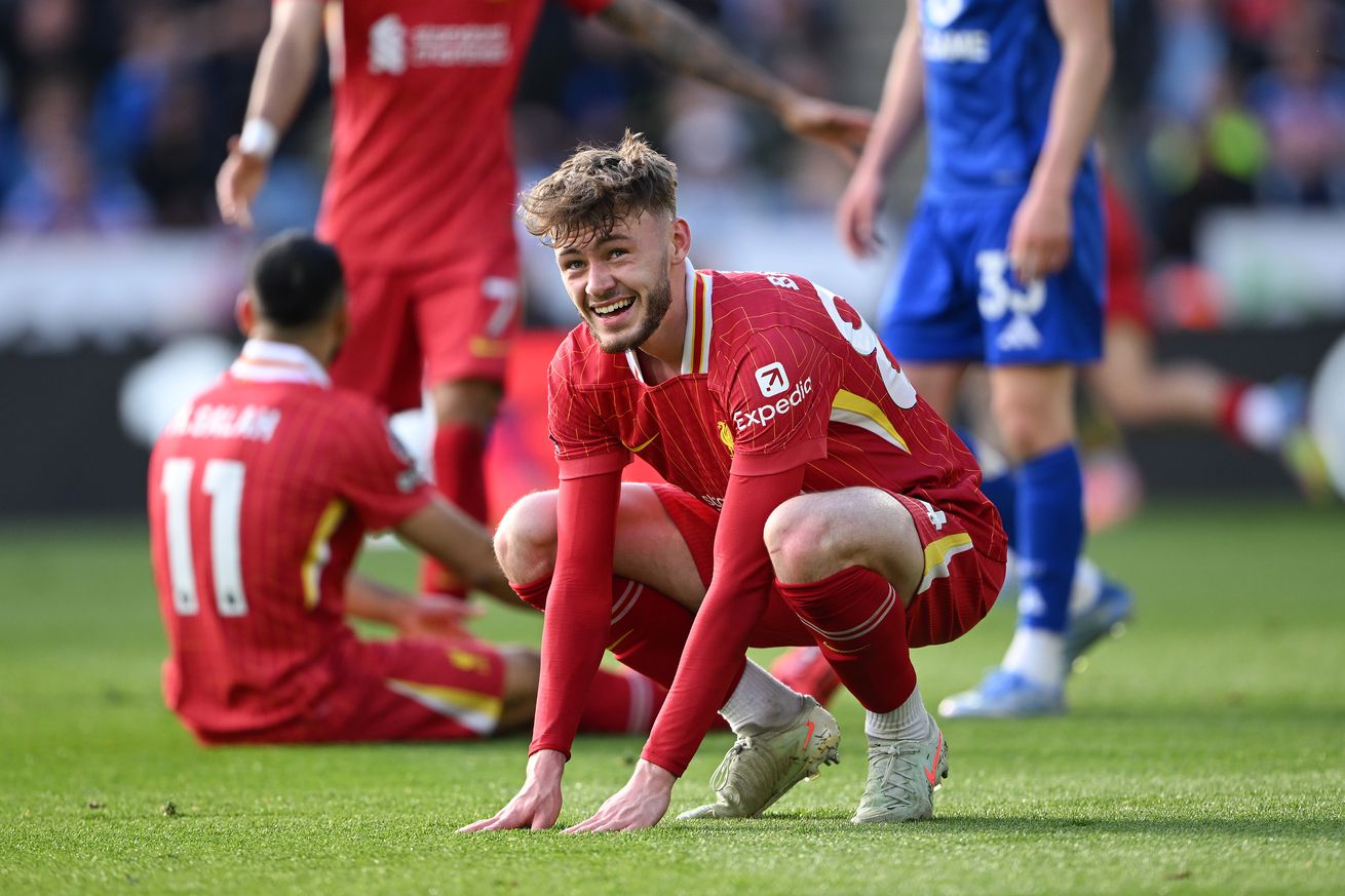 Conor Bradley of Liverpool reacts, after missing a chance during the Premier League match between Leicester City FC and Liverpool FC at The King Power Stadium on April 20, 2025 in Leicester, England.