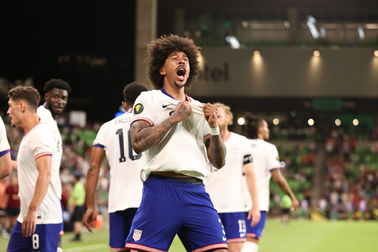 Chris Richards #3 of United States celebrates after scoring his team’s first goal during the Group Stage - Group D match between Saudi Arabia and United States as part of the 2025 CONCACAF Gold Cup at Q2 Stadium on June 19, 2025 in Austin, Texas.