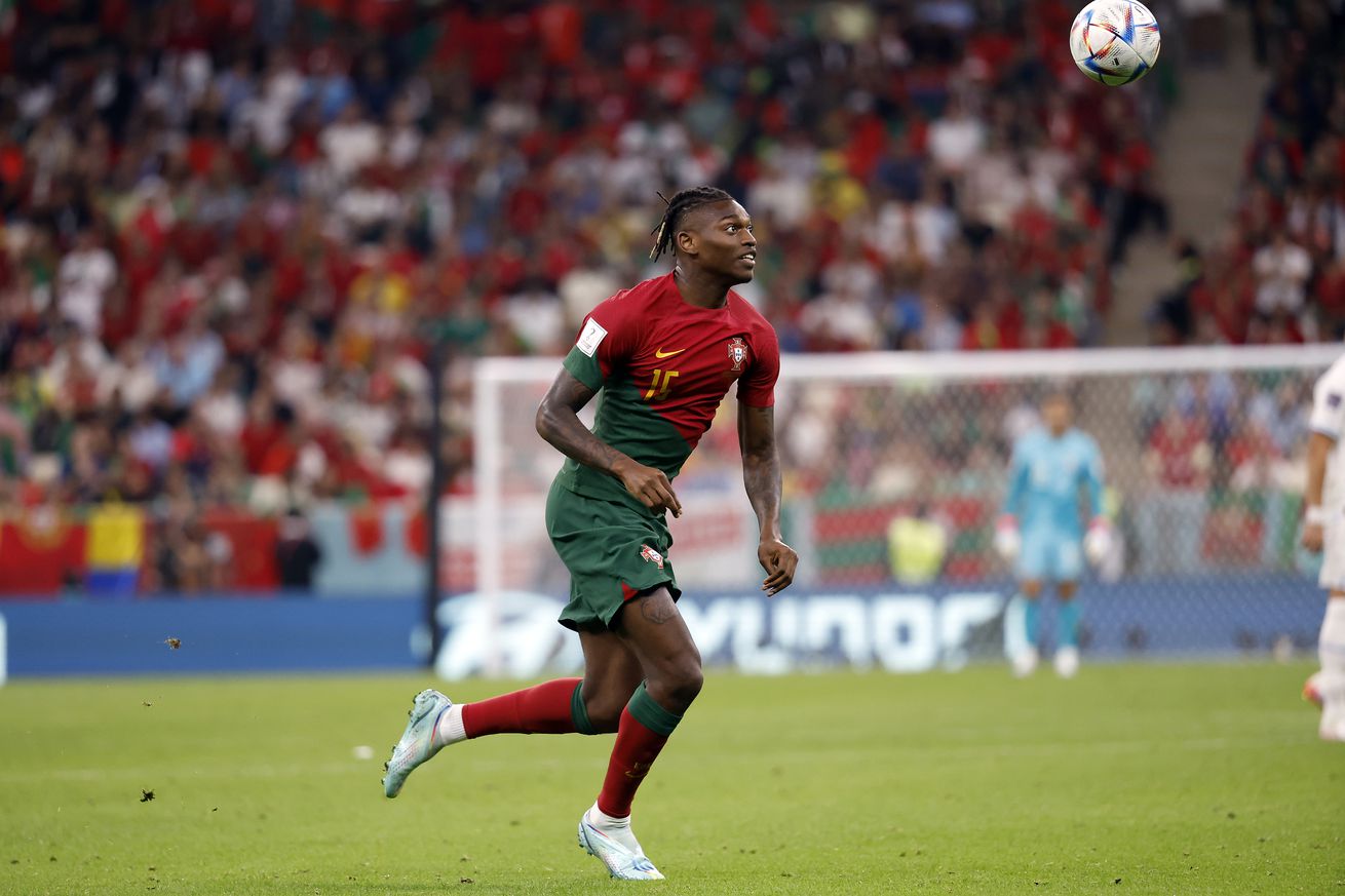 Portugal forward Rafael Leao (15) plays for the ball against Uruguay during the second half of the group stage match in the 2022 World Cup at Lusail Stadium. Mandatory Credit: Yukihito Taguchi-Imagn Images
